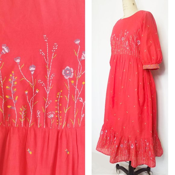 Vintage Dresses & Skirts - Vintage Womens Prairie Dress Boho Bohemian Empire Waist Floral Summer Red M/L